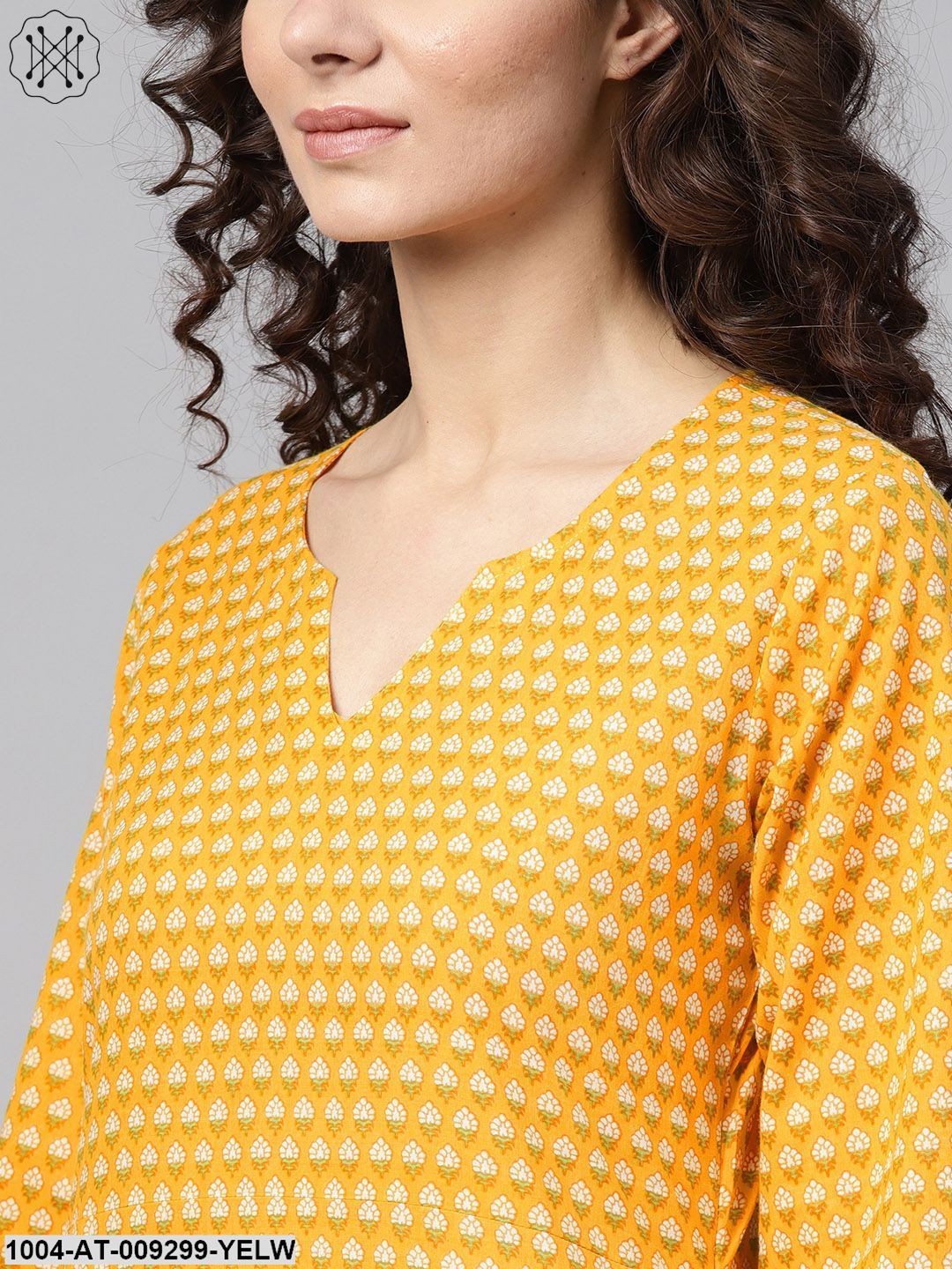 Yellow Printed Straight Kurta With Round Neck V Slit & 3/4 Sleeves
