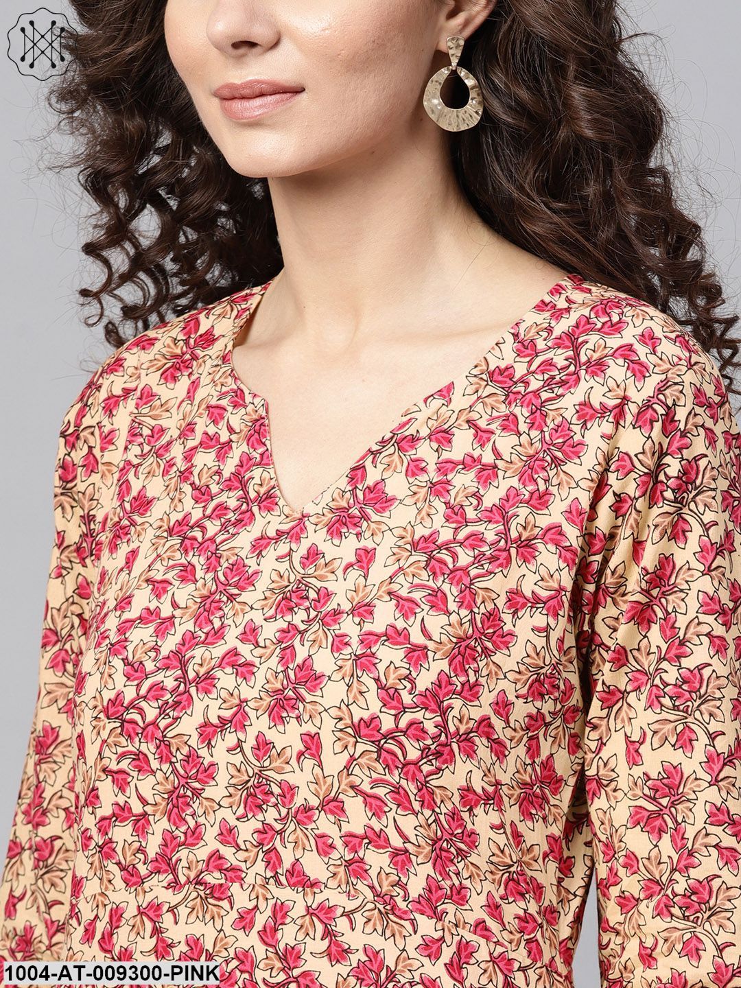 Rani Pink & Beige Straight Kurta With Round Neck V Slit & 3/4 Sleeves