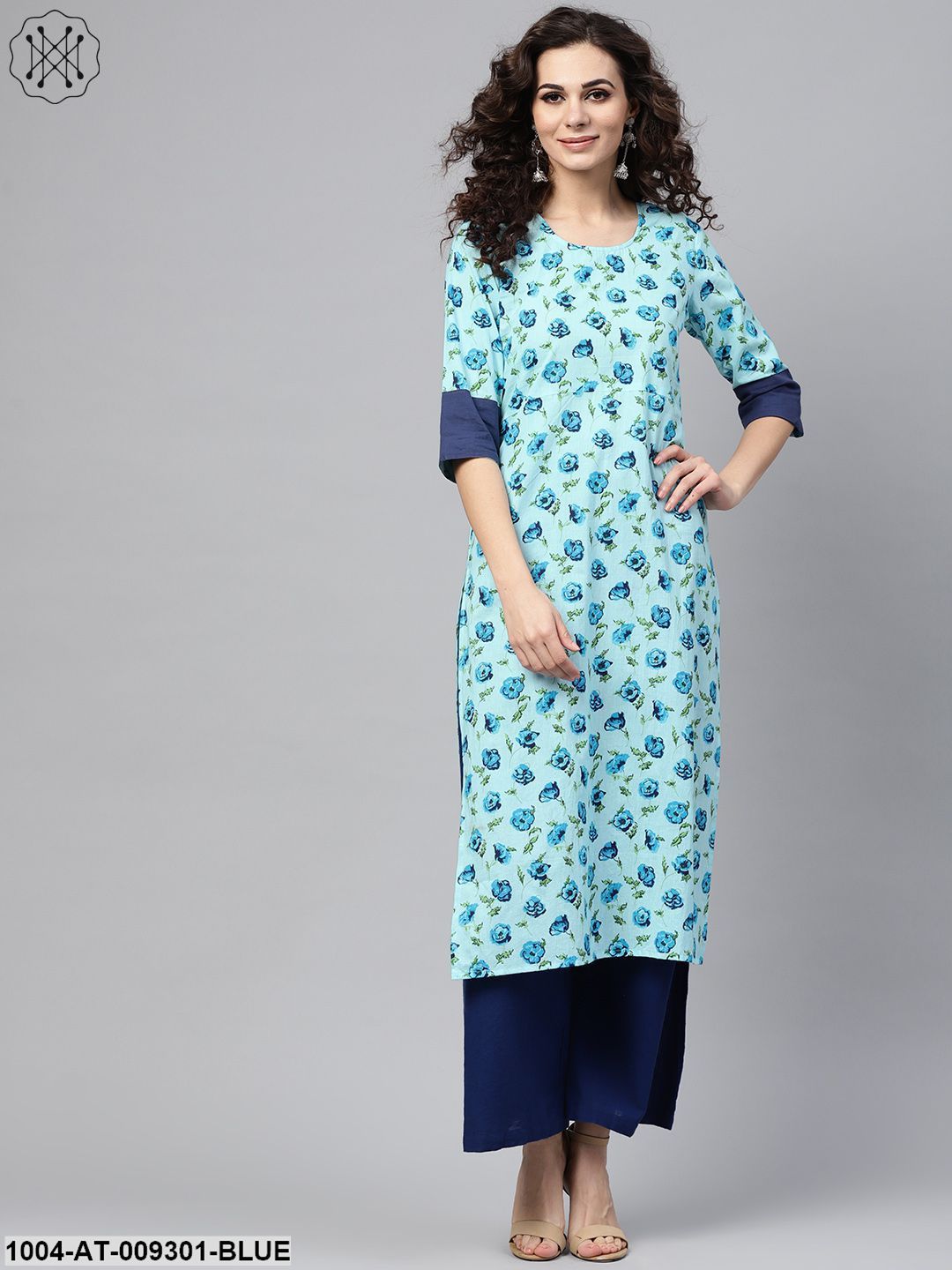 Light Blue Printed Straight Kurta With Round Neck & Solid Cuff Detailing