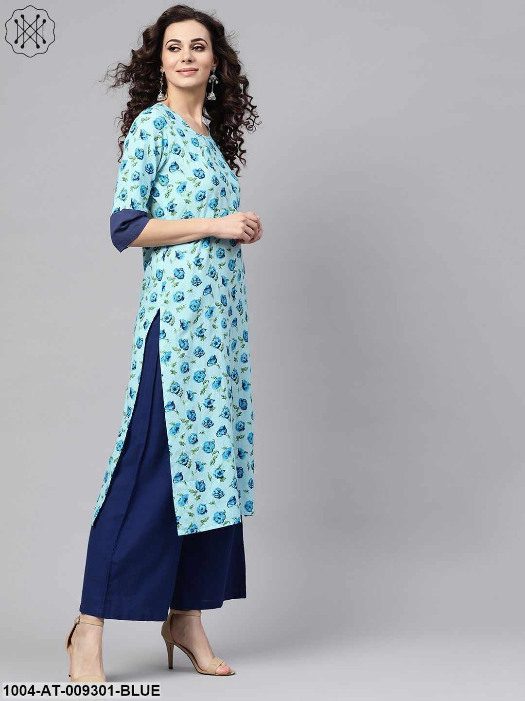 Light Blue Printed Straight Kurta With Round Neck & Solid Cuff Detailing