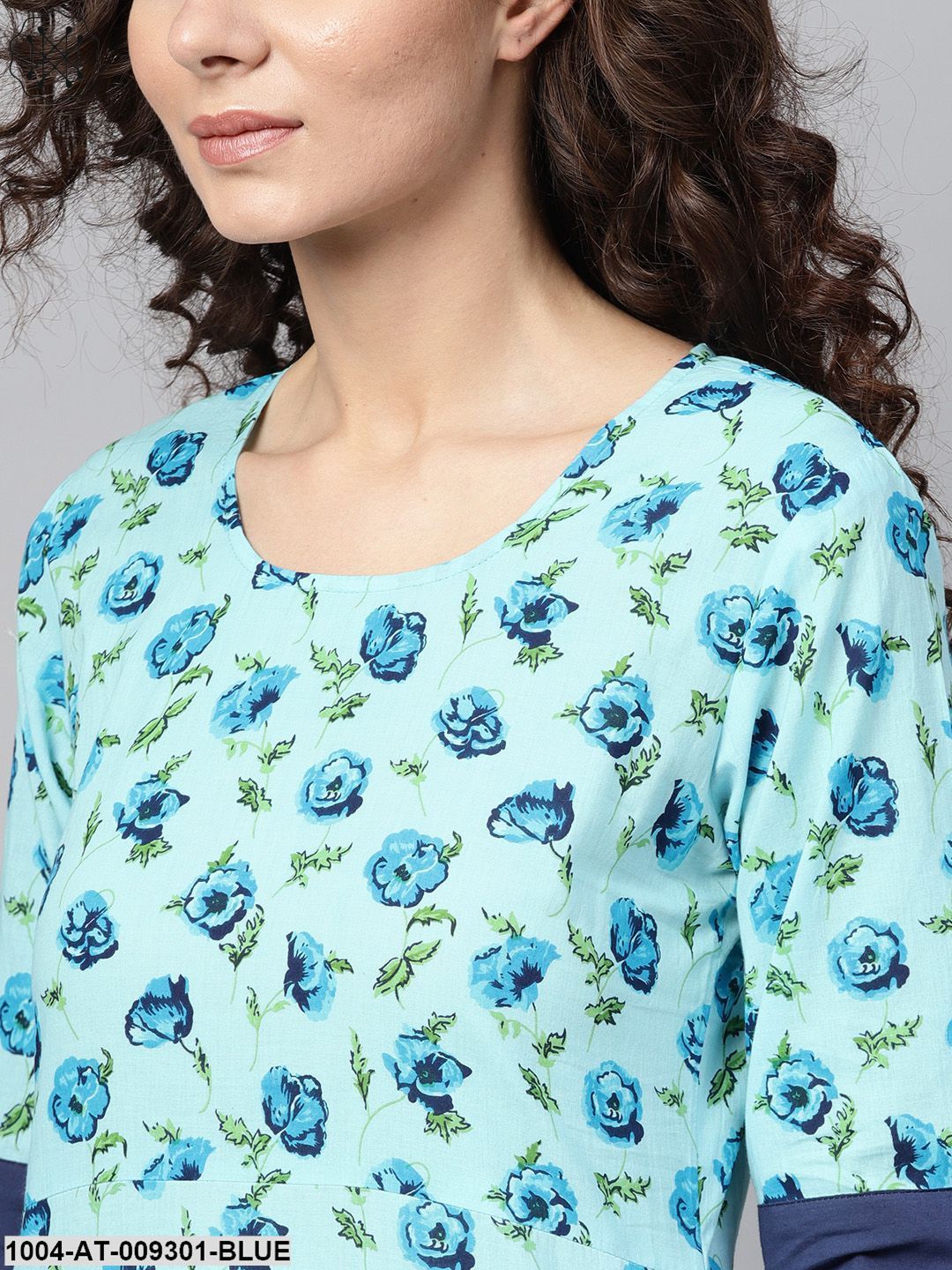 Light Blue Printed Straight Kurta With Round Neck & Solid Cuff Detailing