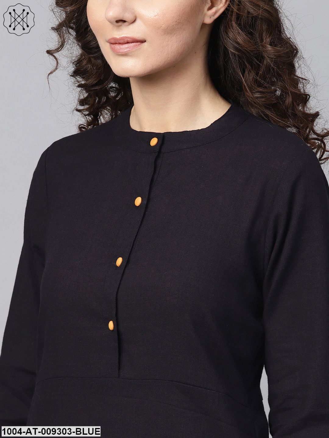 Navy Blue Straight Kurta With Mandarin Collar & Front Placket