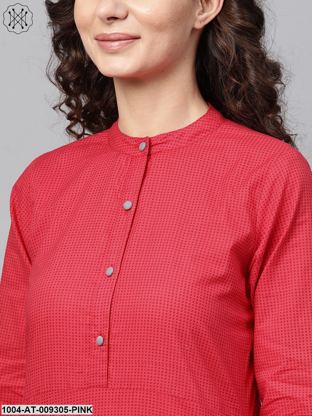 Pink Straight Kurta With Madarin Collar With 3/4 Sleeves