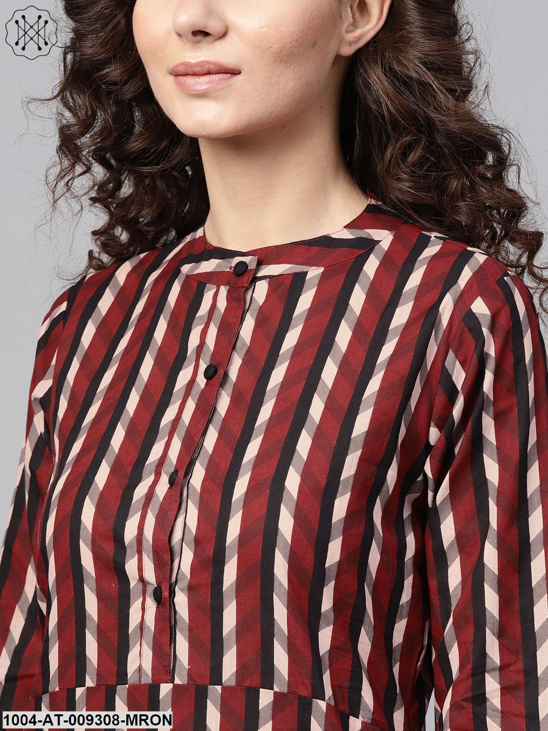 Multi Colored Straight Kurta With Mandarin Collar & 3/4 Sleeves