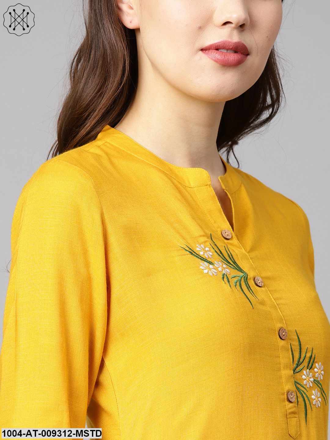 Mustard Yellow Embroidered Straight Rayon Kurta With 3/4Th Sleeves