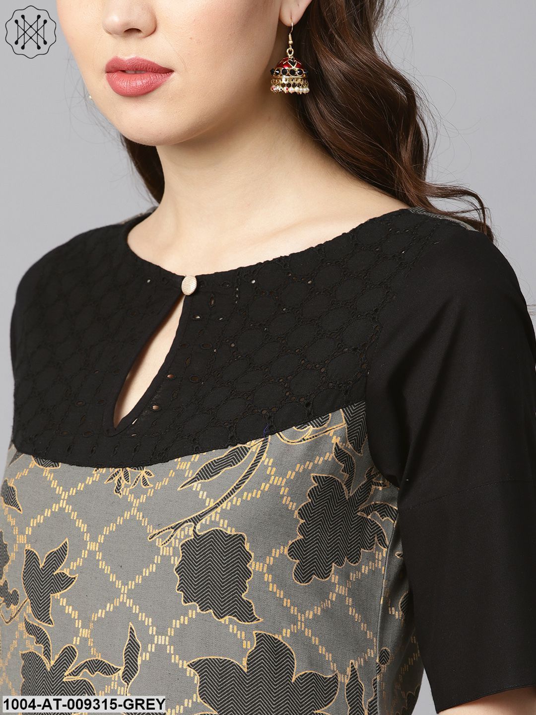Grey And Gold Floral Printed Keyhole Neck Kurta With Schiffli At Yoke.