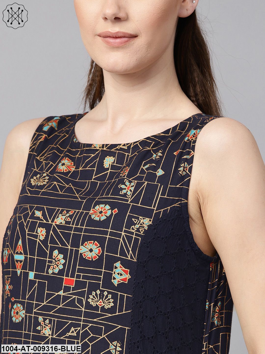 Navy Blue Gold Geometric Printed Sleeveless Kurta With Panneled Schiffli