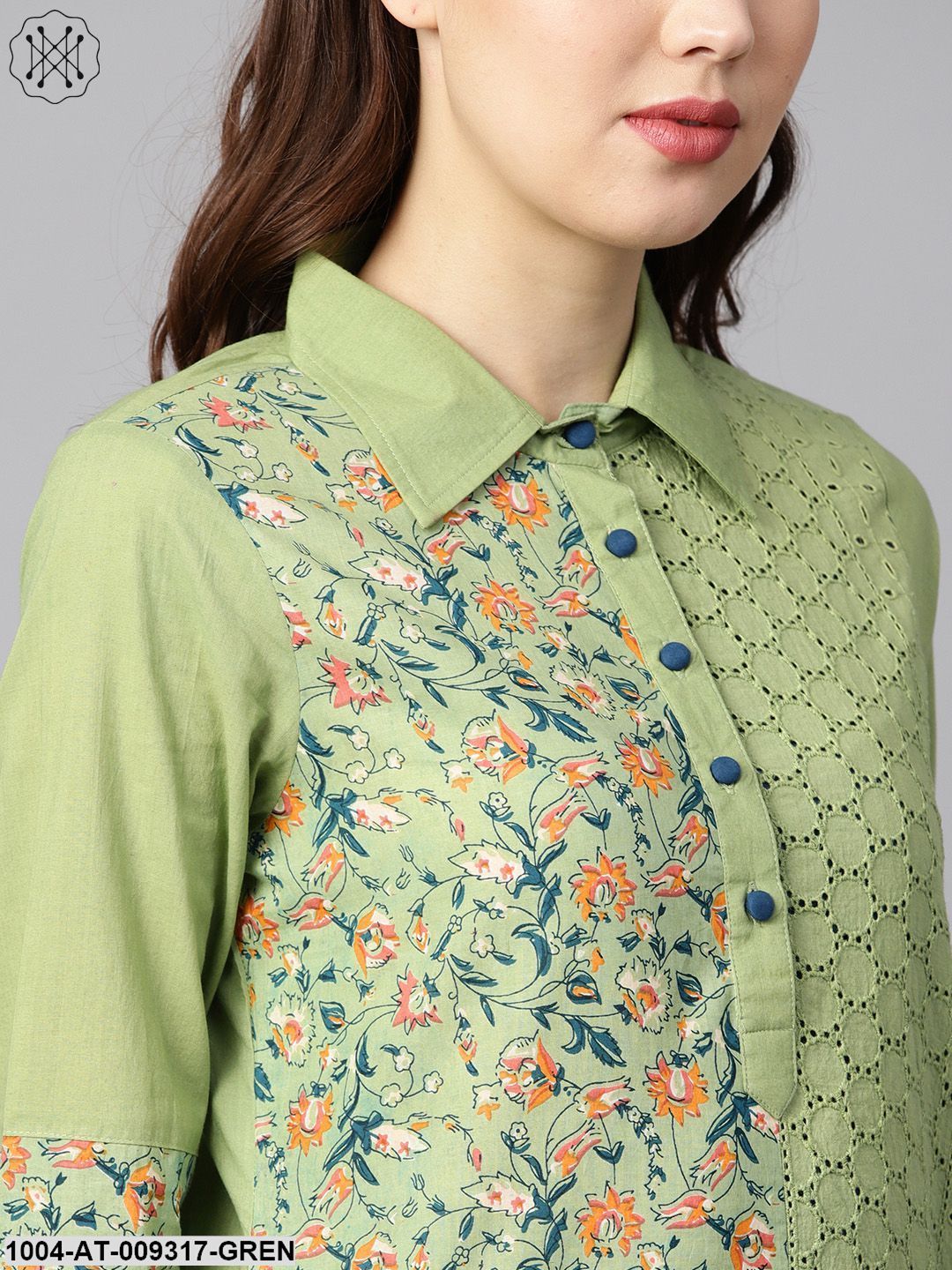 Green Floral Printed With Schiffli High-Low 3/4Th Sleeve Kurta