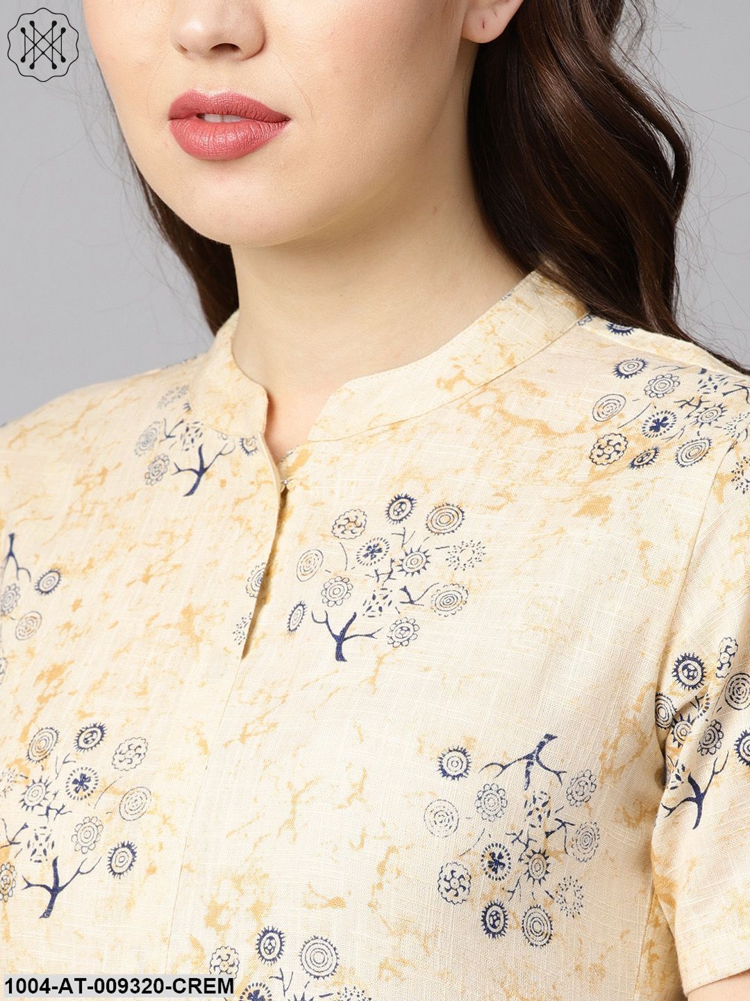 Cream Printed Chinese Collar With Placket Opening Half Sleeves Straight Kurta