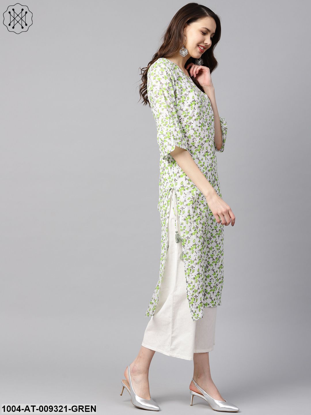 White And Green Colored Kurta With Flared Sleeves & Round Neck