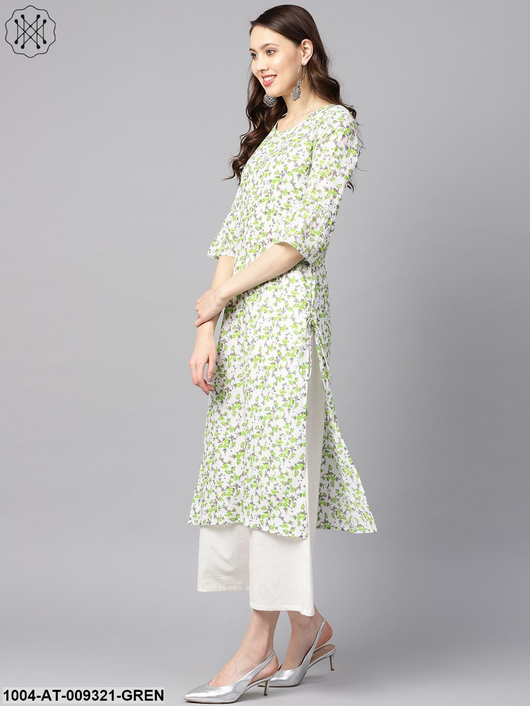White And Green Colored Kurta With Flared Sleeves & Round Neck