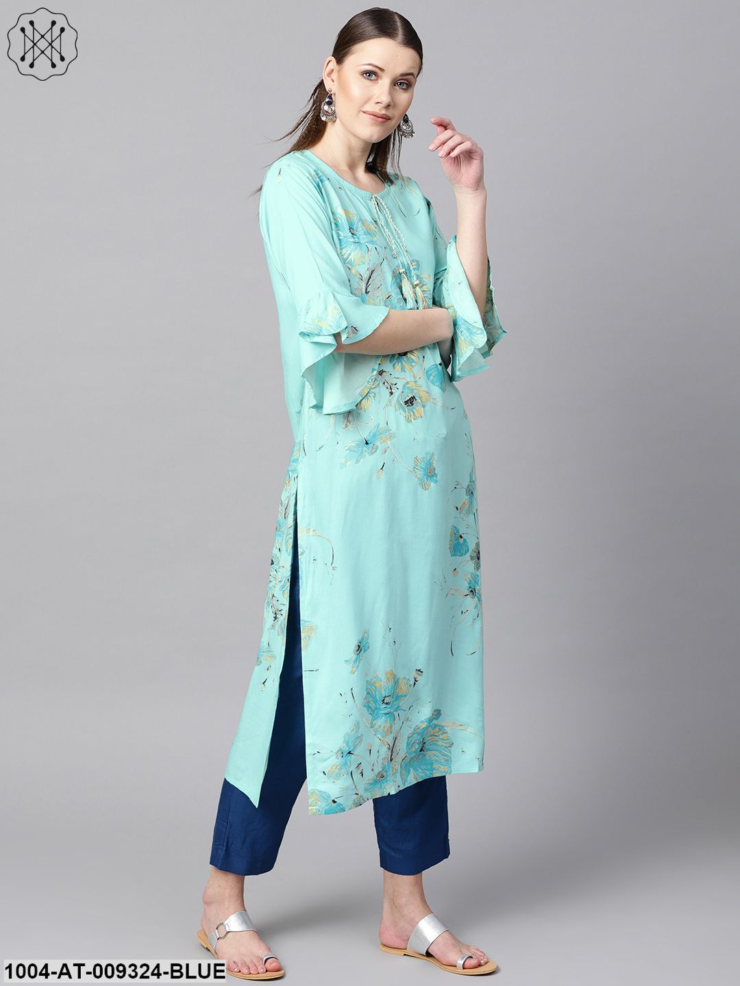 Sky Blue Floral Foil Printed Round Neck With V-Slit And Tassels Detailing Flared Sleeve Straight Kurta