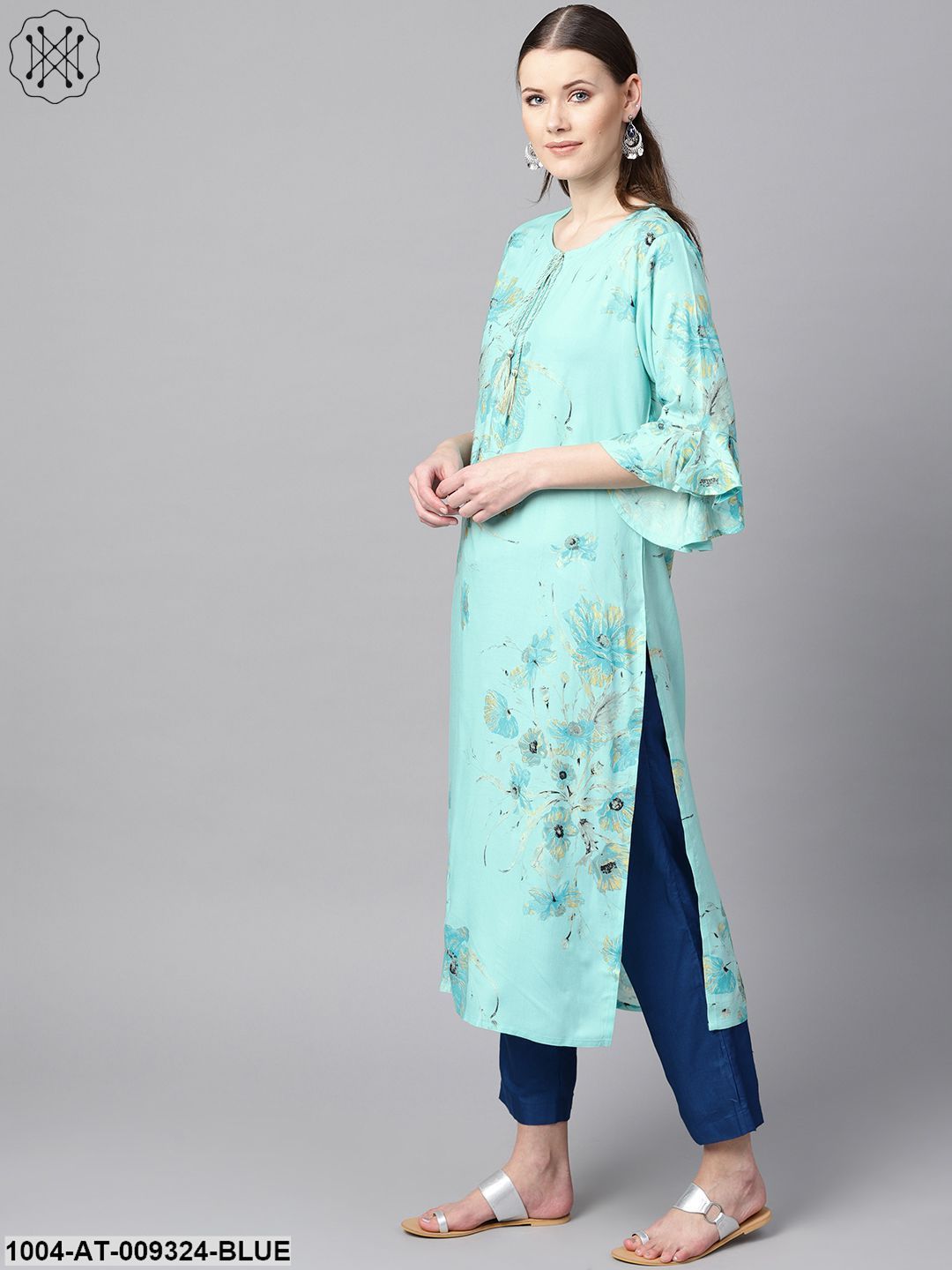 Sky Blue Floral Foil Printed Round Neck With V-Slit And Tassels Detailing Flared Sleeve Straight Kurta