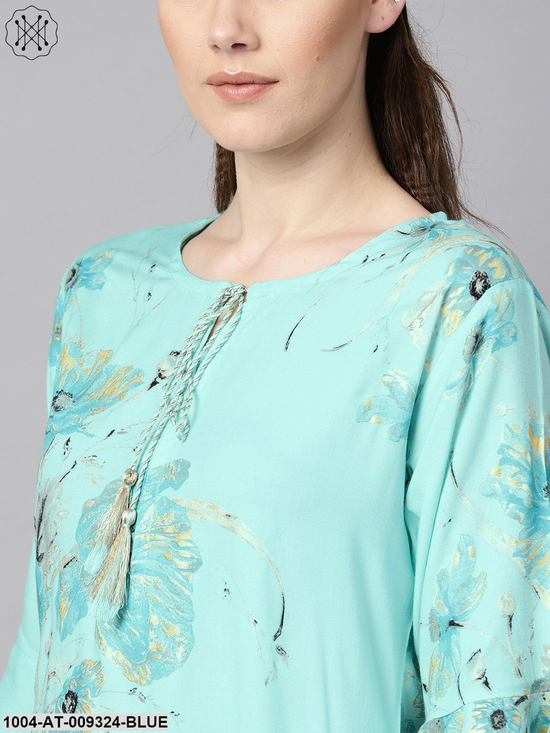 Sky Blue Floral Foil Printed Round Neck With V-Slit And Tassels Detailing Flared Sleeve Straight Kurta