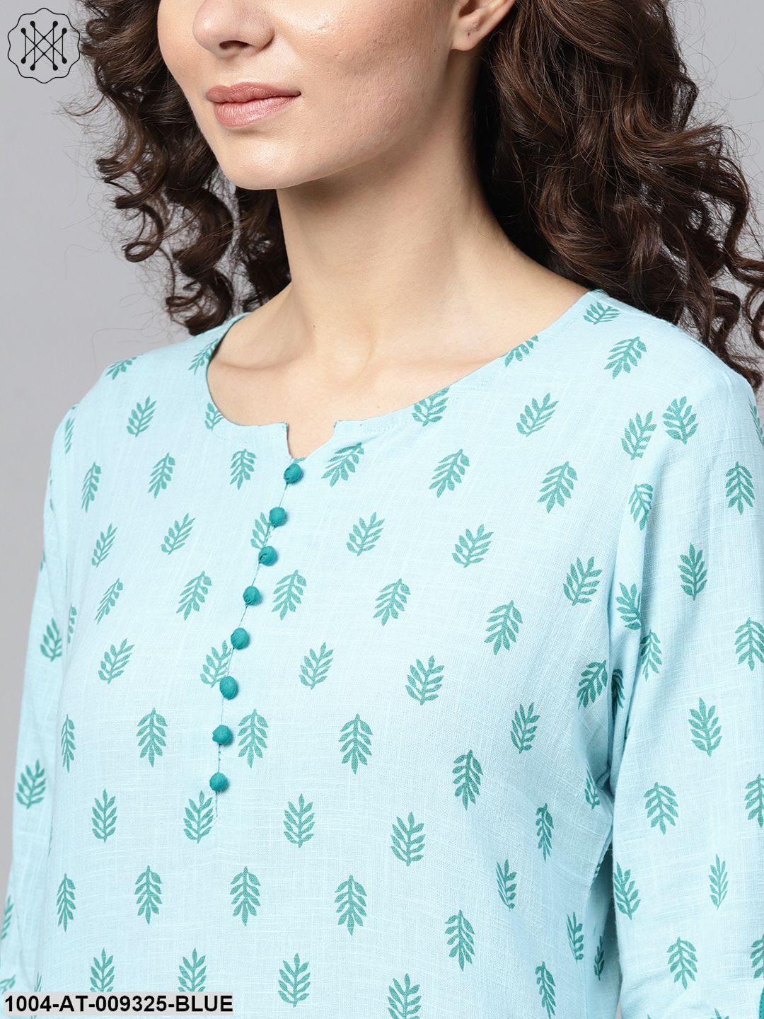 Sky Blue Round Neck With Button Detailing 3/4Th Sleeve Kurta