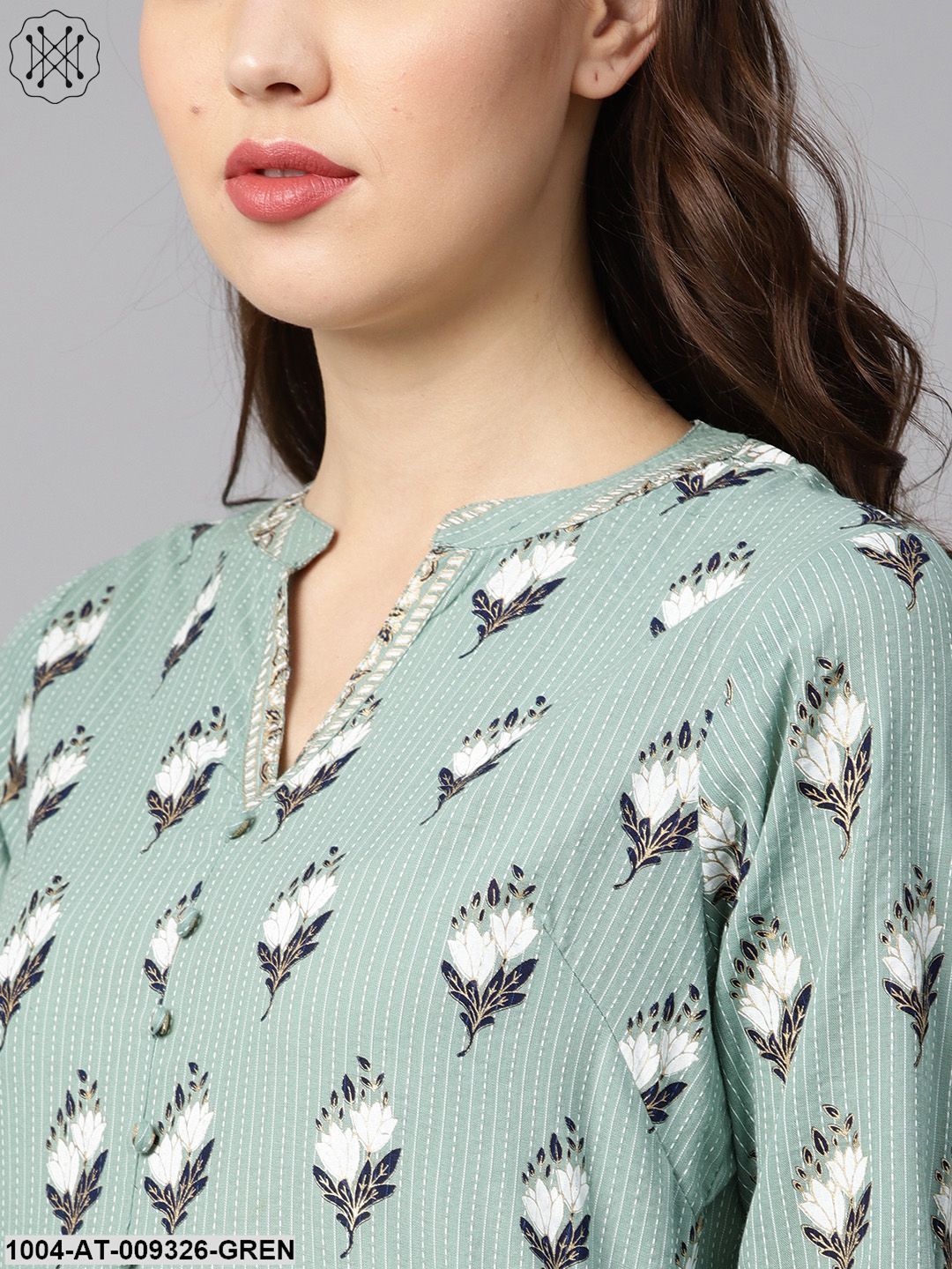 Green Kantha Floral Gold Print 3/4Th Sleeve Chinese Collar With Button And Cuff Detailing Kurta.