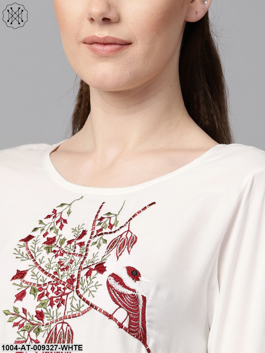 White Color Solid Round Neck A-Line Kurta With Embroidered Yoke.