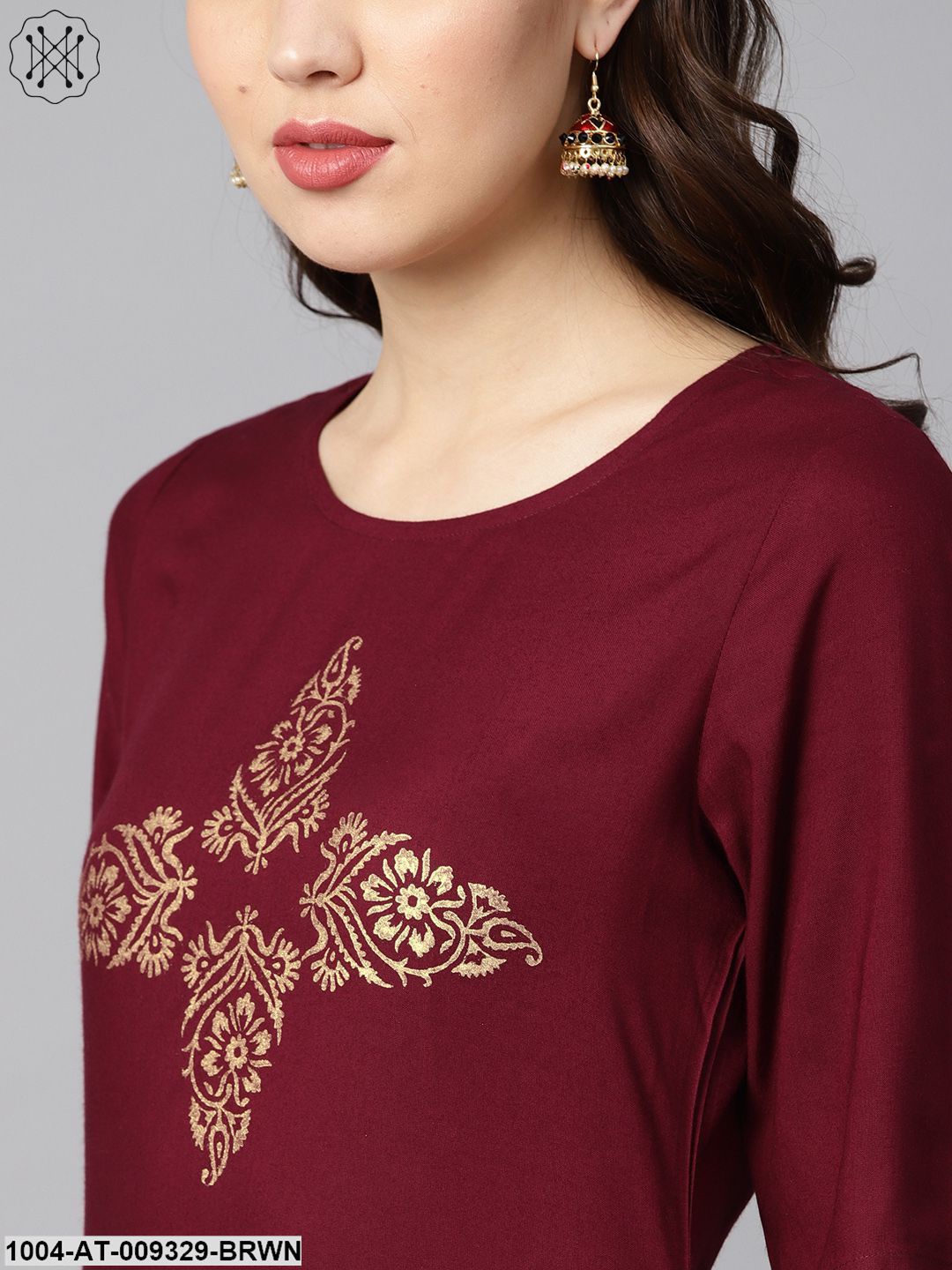 Burgundy Color Block Printed Half Sleeve Straight Kurta
