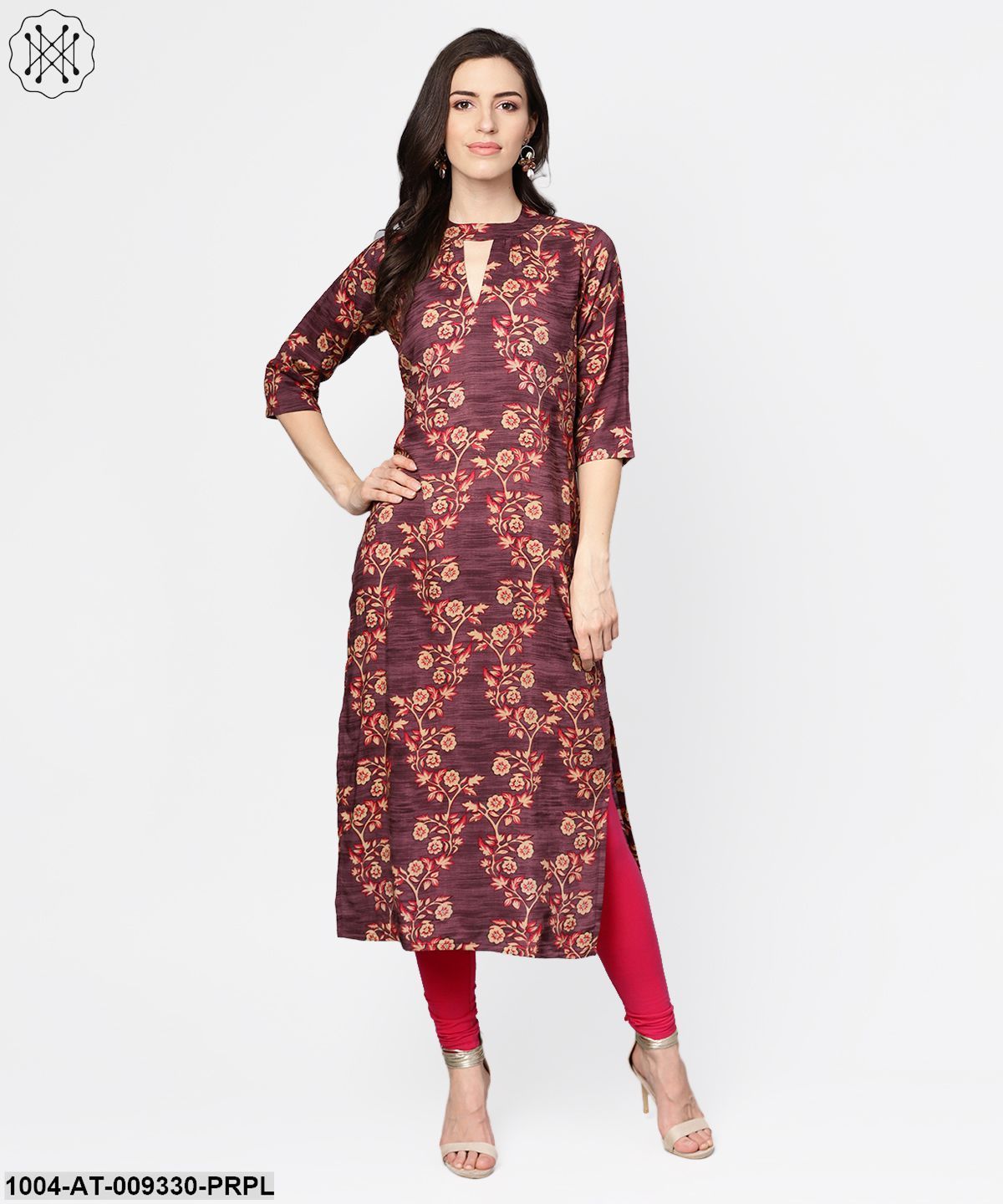 Purple & Beige Floral Printed Straight Kurta With 3/4 Sleeves