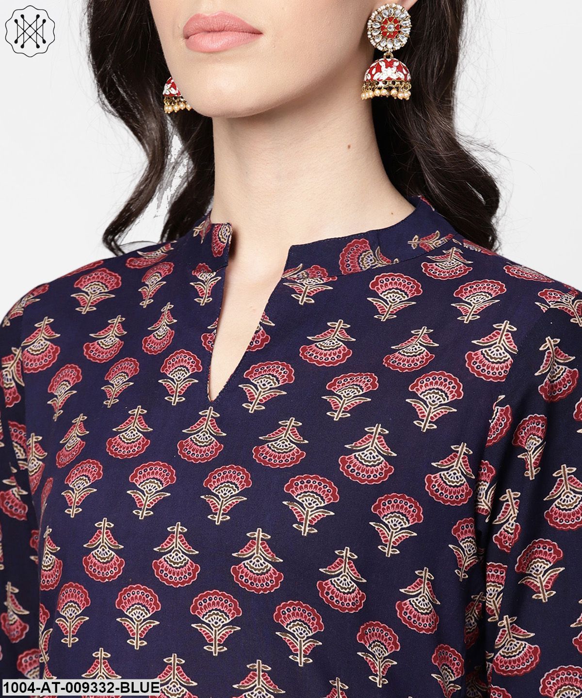 Blue Printed 3/4Th Sleeve Cotton Straight Kurta