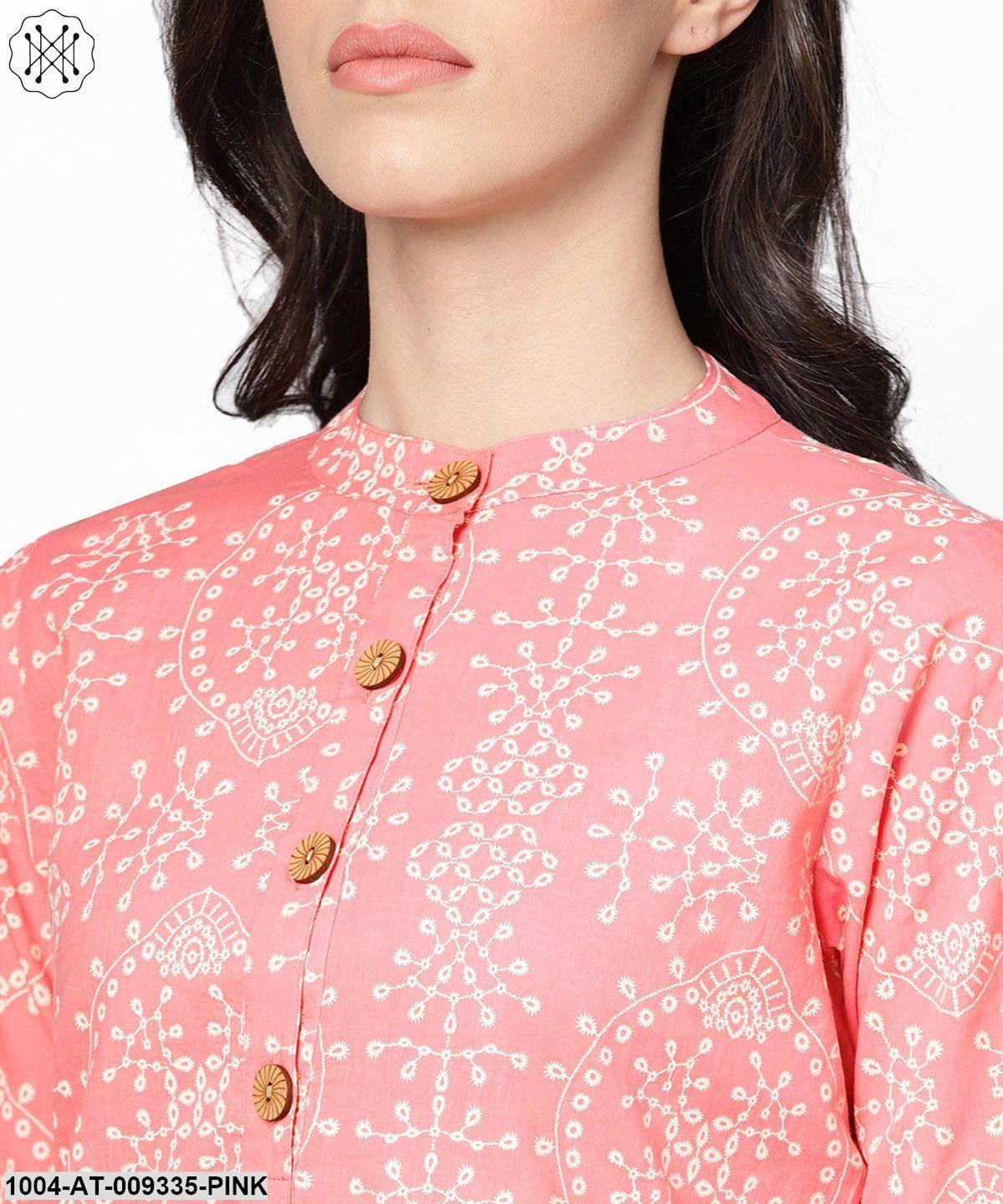 Pink Printed Full Sleeve Cotton Straight Kurta