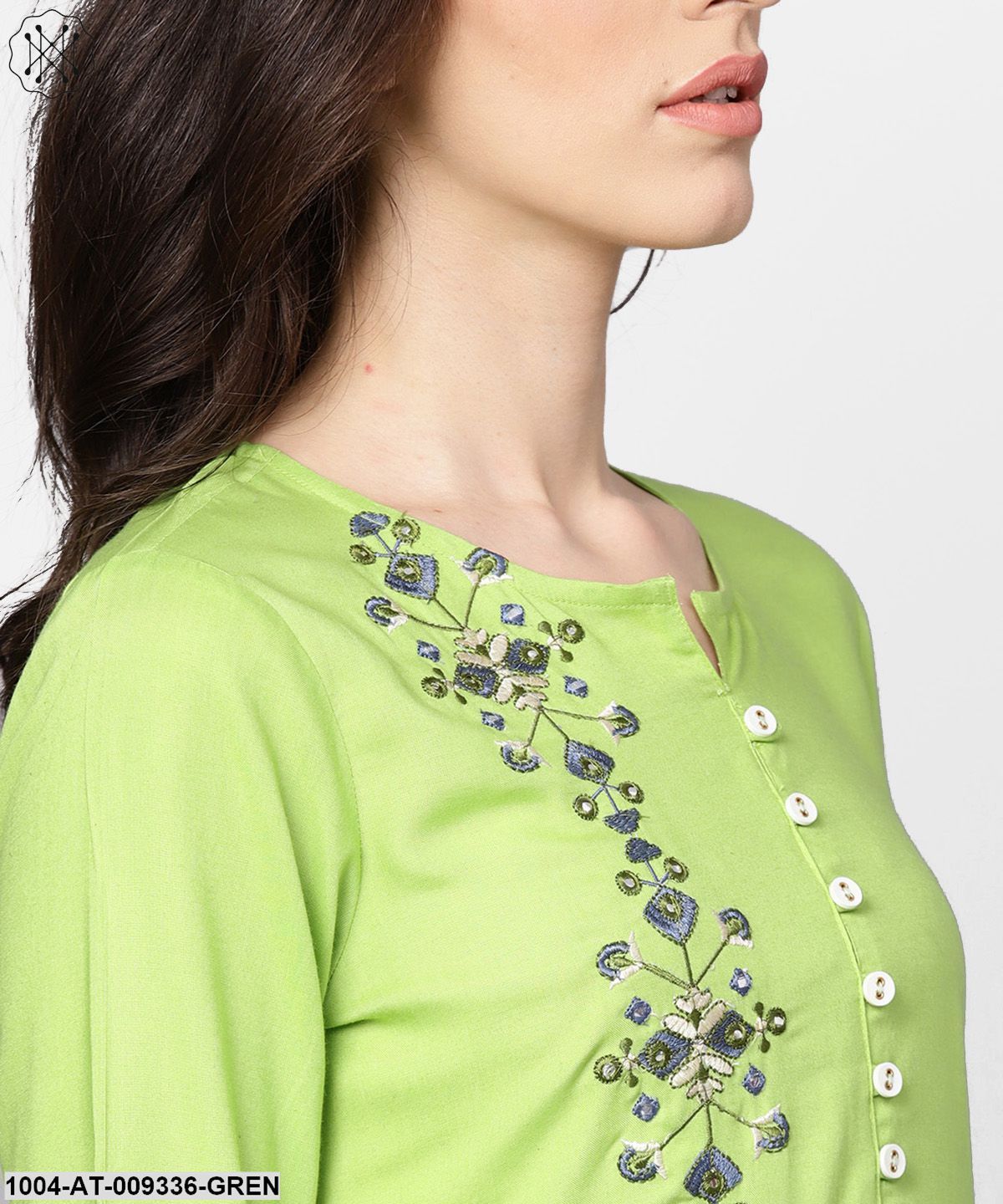 Green 3/4Th Sleeve Rayon Embriodery Kurta