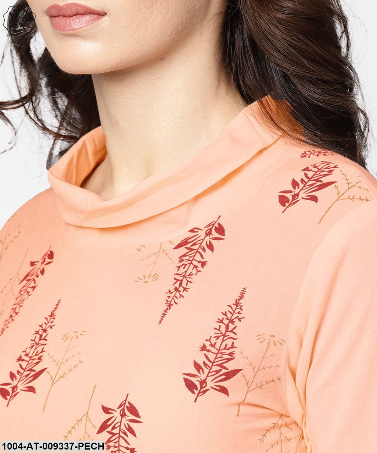 Closed Neck Solid Peach 3/4Th Sleeve Cotton Straight Kurta