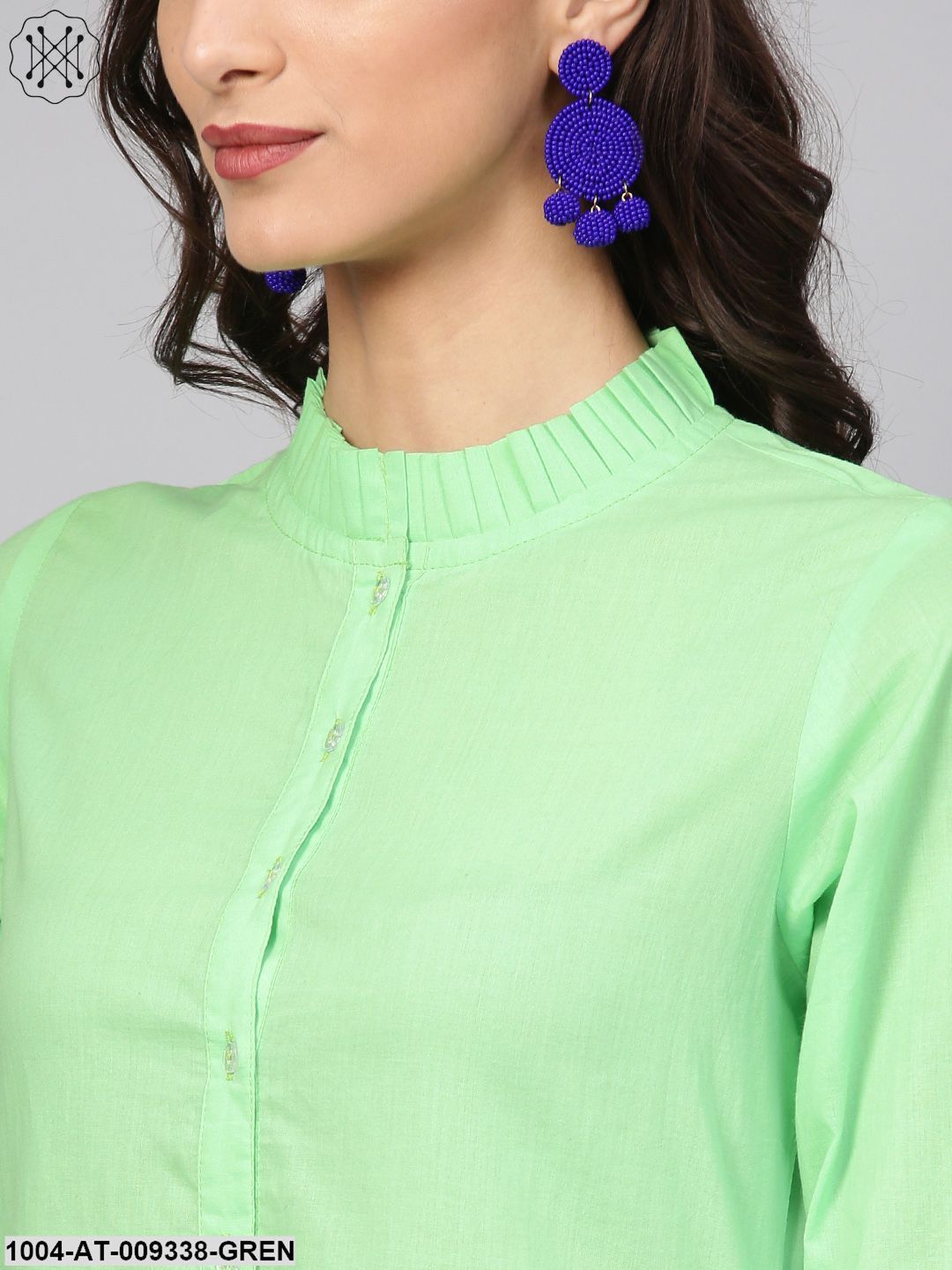 Cotton Pastel Mint Green Handkerchief Kurta With Pleated High Neck & 3/4 Sleeves