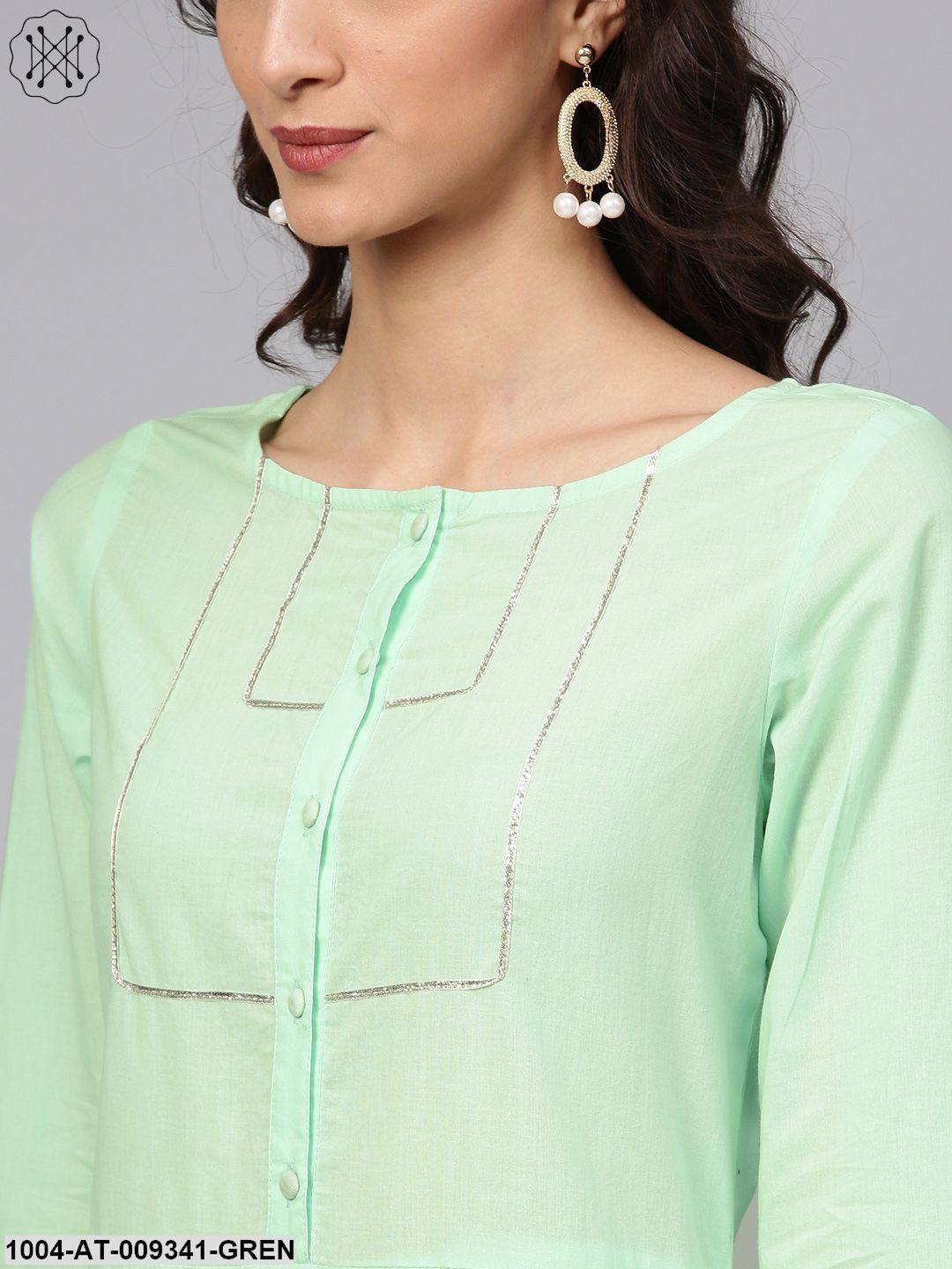 Cotton Round Neck Pastel Mint Green Straight Kurta With Front Placket & 3/4 Sleeves