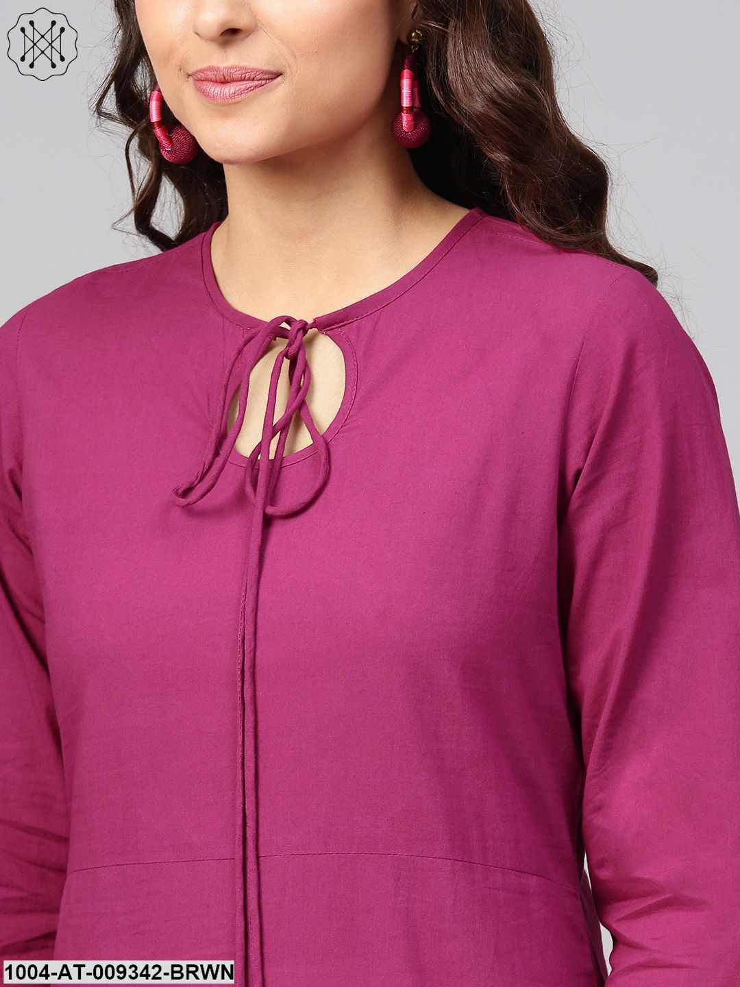 Solid Burgundy Kurta With Keyhole Neck & 3/4 Sleeves
