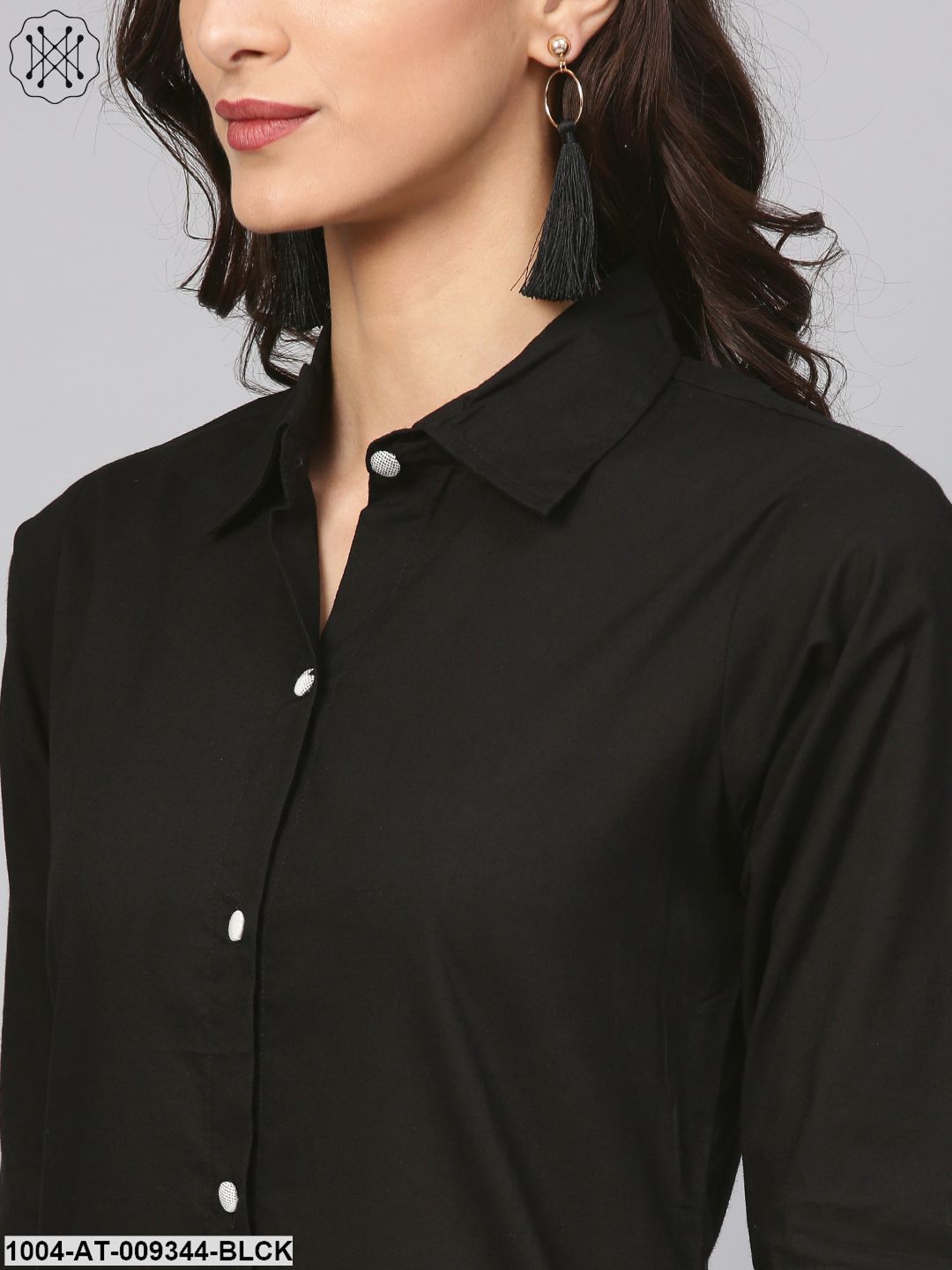 Solid Black Kurta With Printed Detailed Sleeves & Shirt Collars