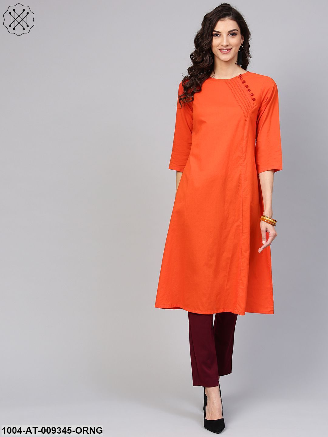 Solid Orange Kurta With Side Placket & 3/4Th Sleeve