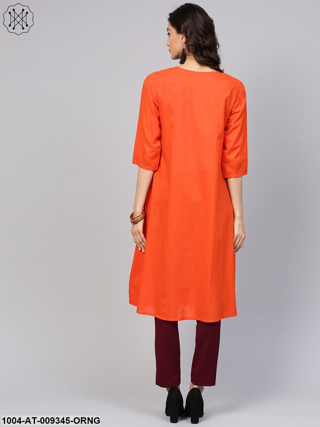 Solid Orange Kurta With Side Placket & 3/4Th Sleeve