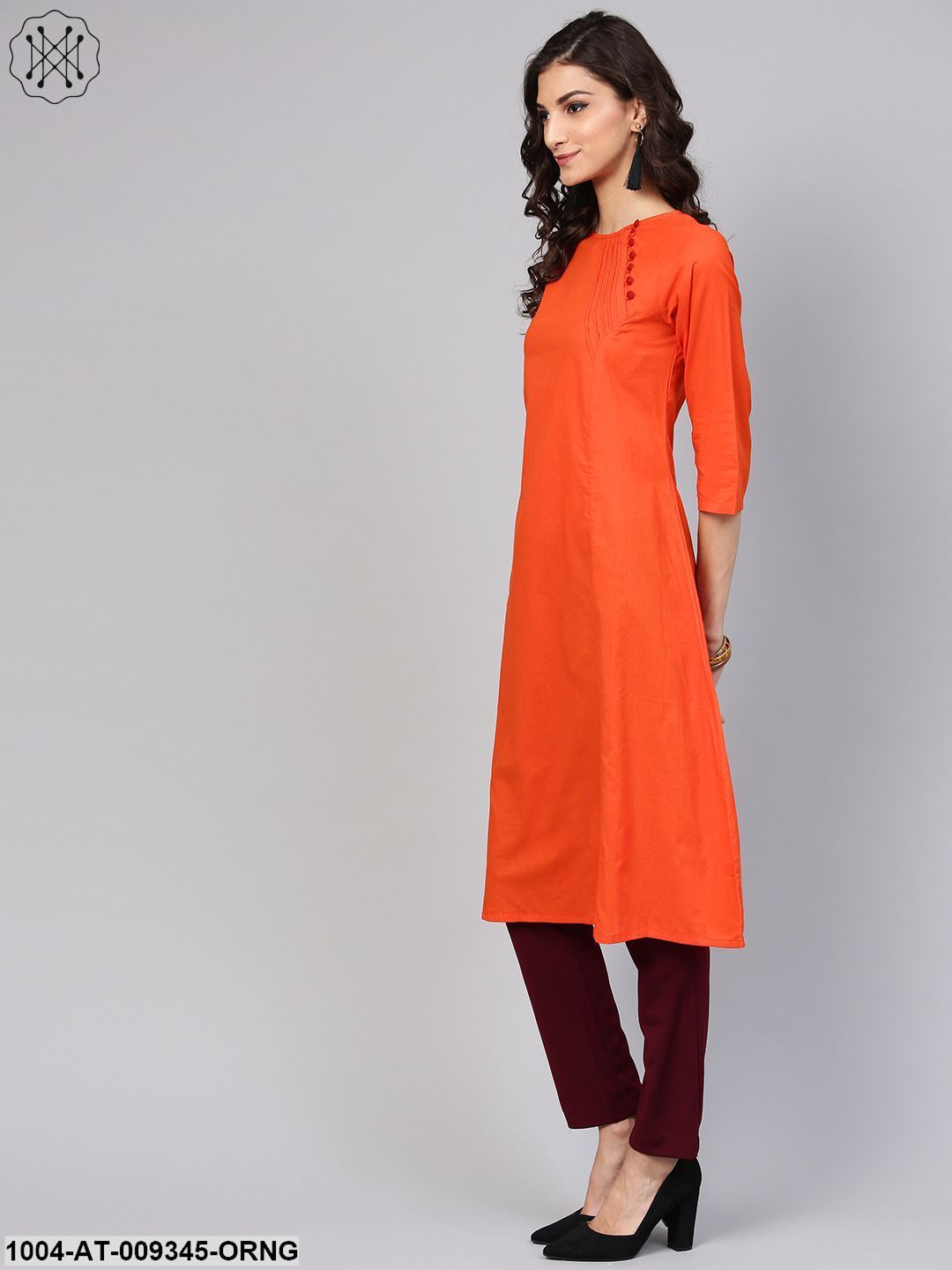 Solid Orange Kurta With Side Placket & 3/4Th Sleeve