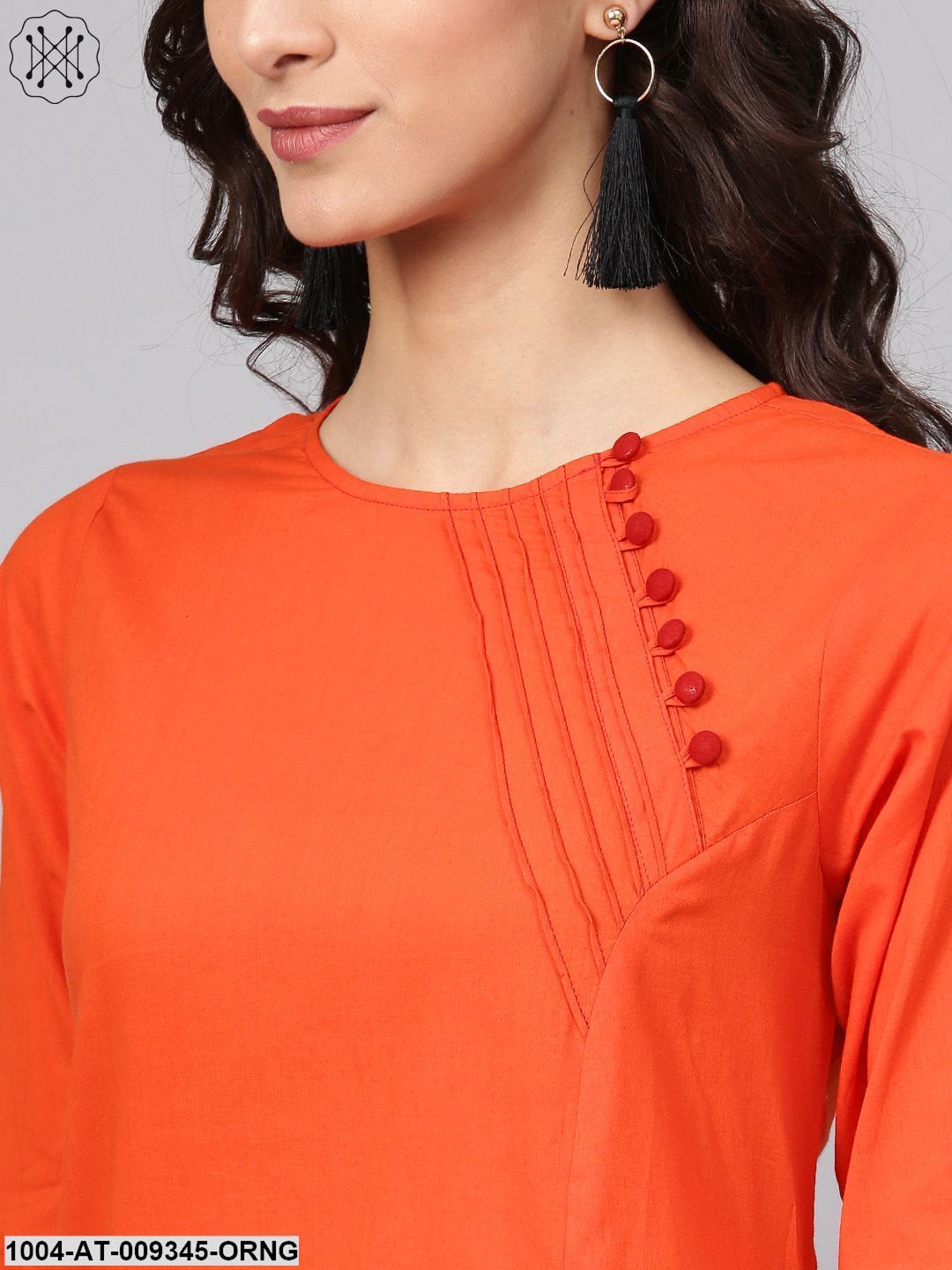 Solid Orange Kurta With Side Placket & 3/4Th Sleeve