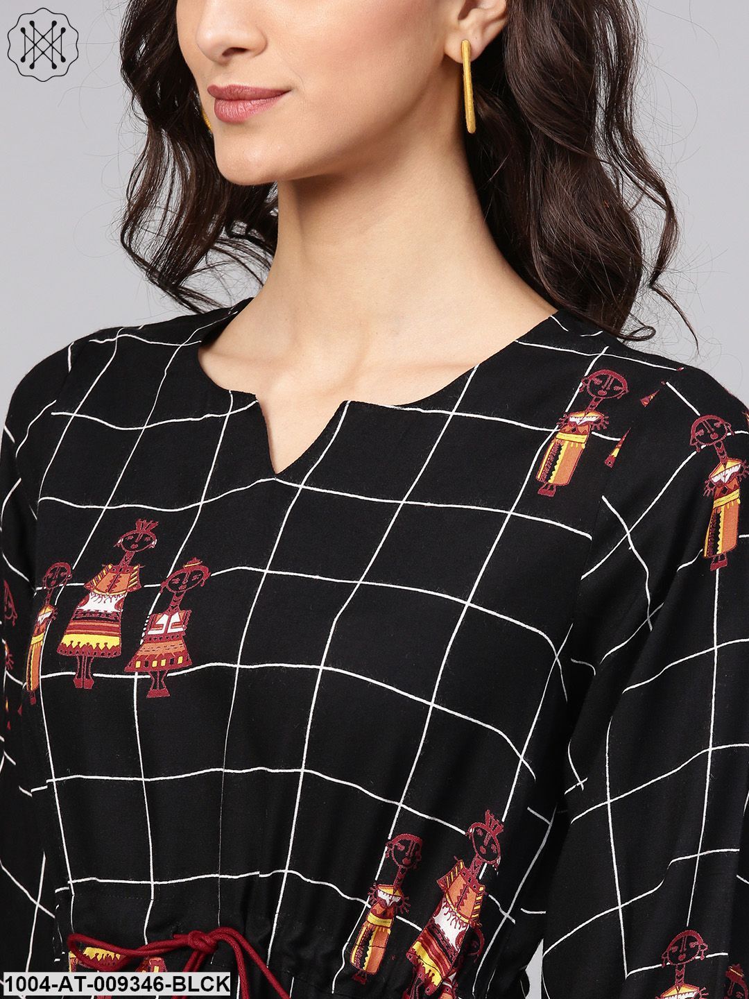 Black Check Printed Kurta With Multi Colored Human Figure Motifs