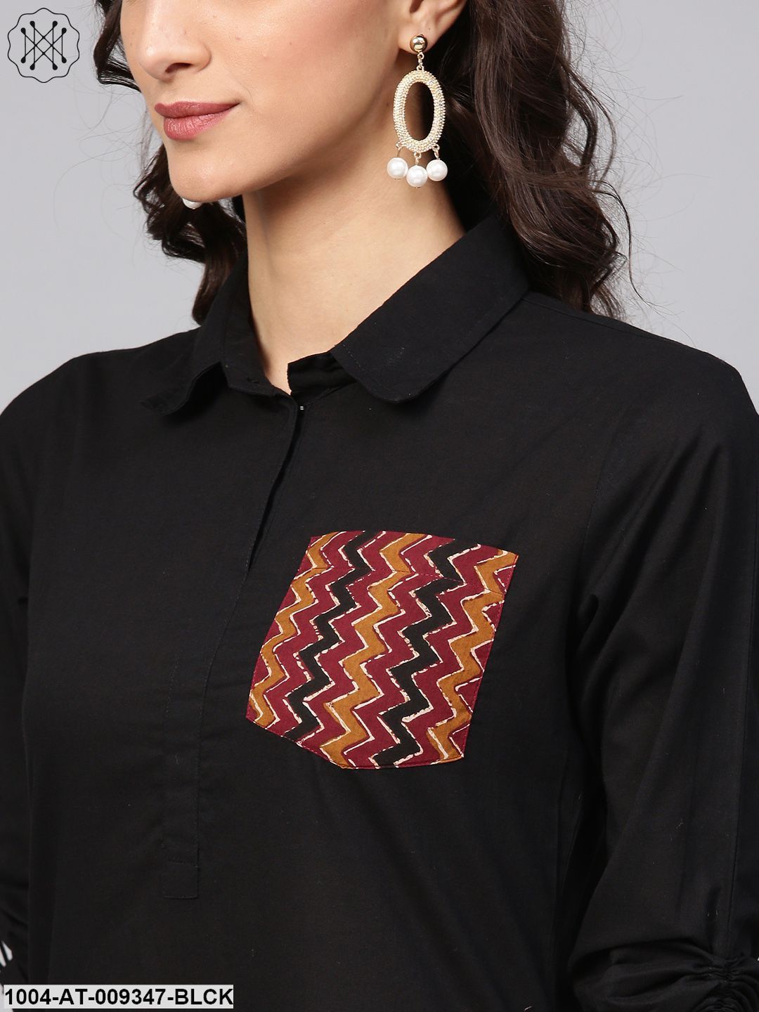 Solid Black Kurta With Shirt Collar, Zig-Zag Printed Patch Pocket And Dori Detailing On The Sleeve