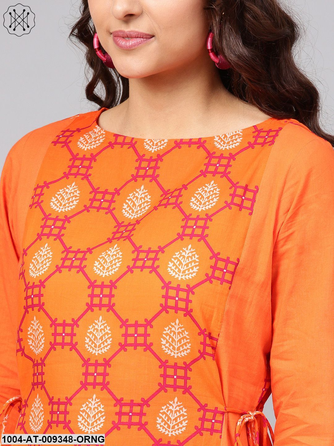 Orange Printed Panelled Kurta With WaistDoris & Full Sleeves