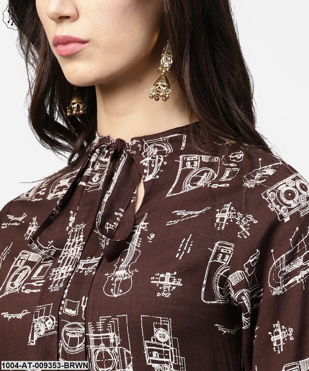 Dark Coffee Printed Half Sleeve Cotton Kurta