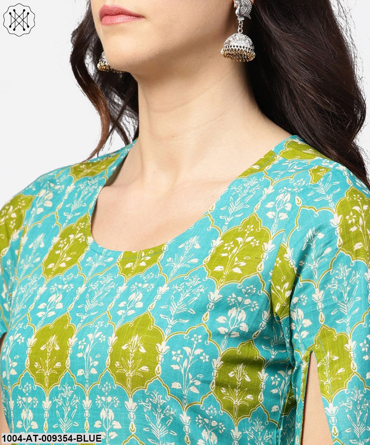 Blue Printed 3/4Th Sleeve Cotton Kurta