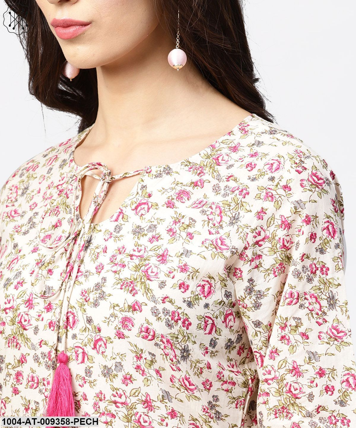 Peach Printed 3/4Th Sleeve Cotton Kurta With Dori Work At Yoke