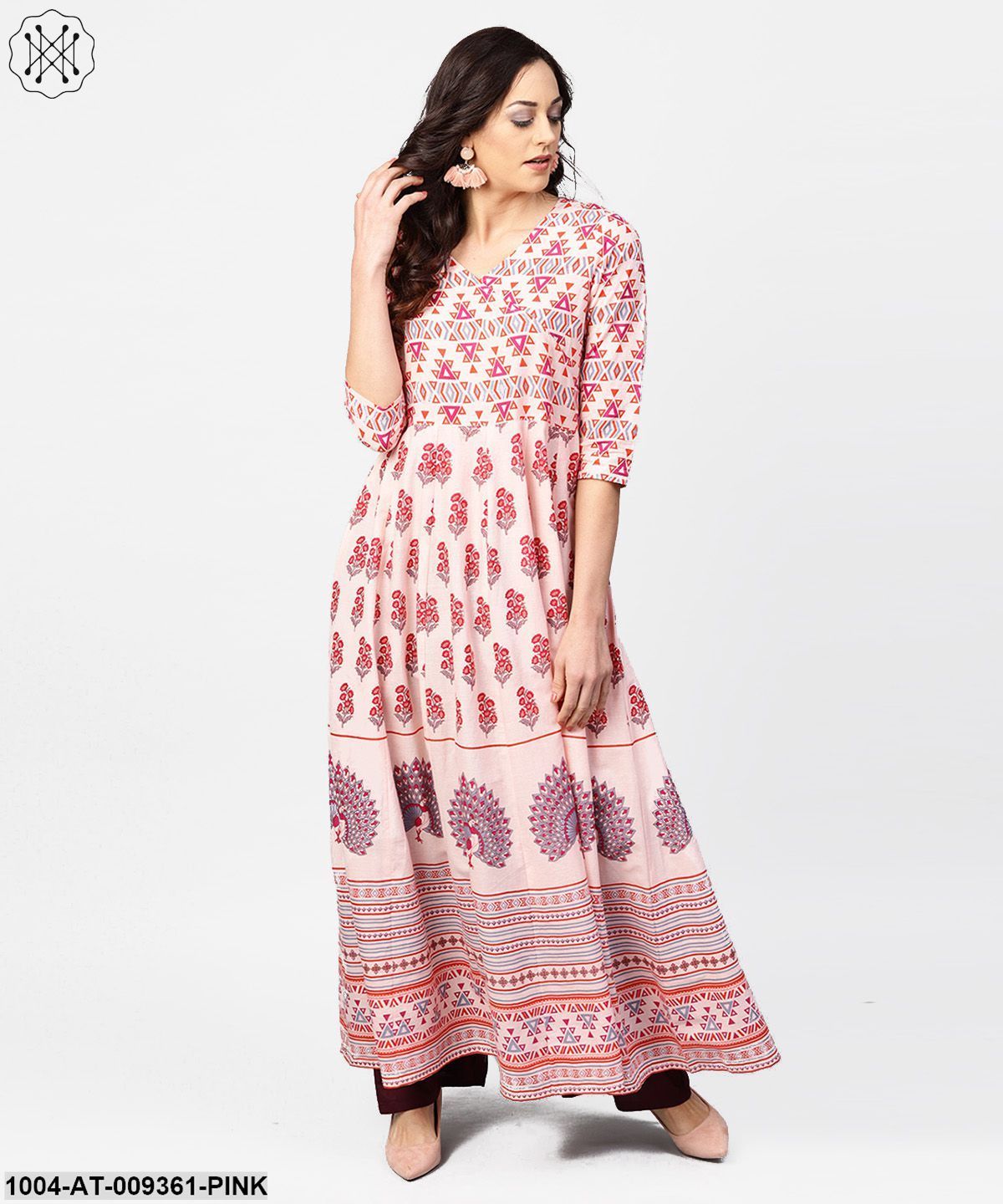 Baby Pink Printed 3/4Th Sleeve Cotton Floor Length Kurta