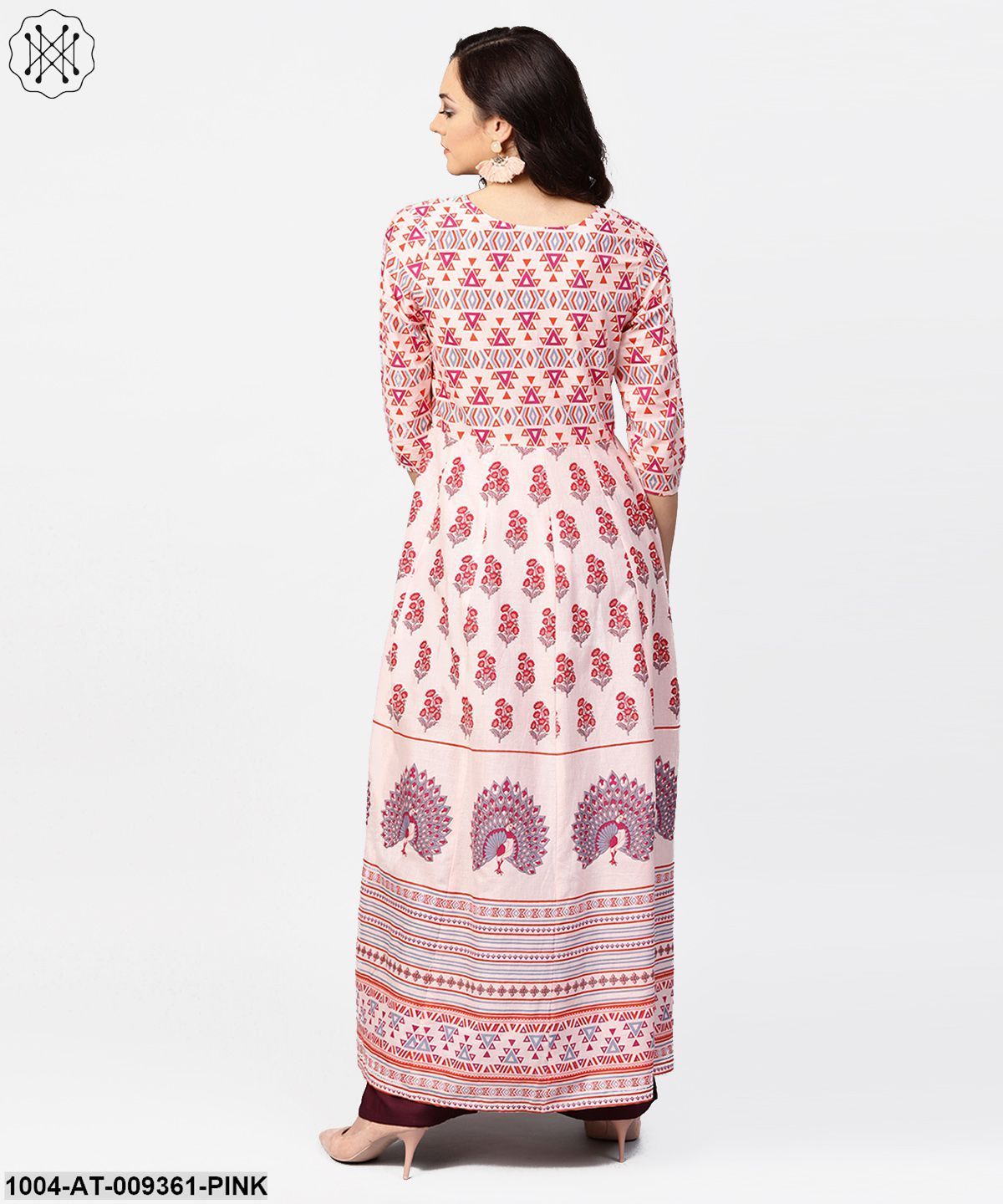 Baby Pink Printed 3/4Th Sleeve Cotton Floor Length Kurta