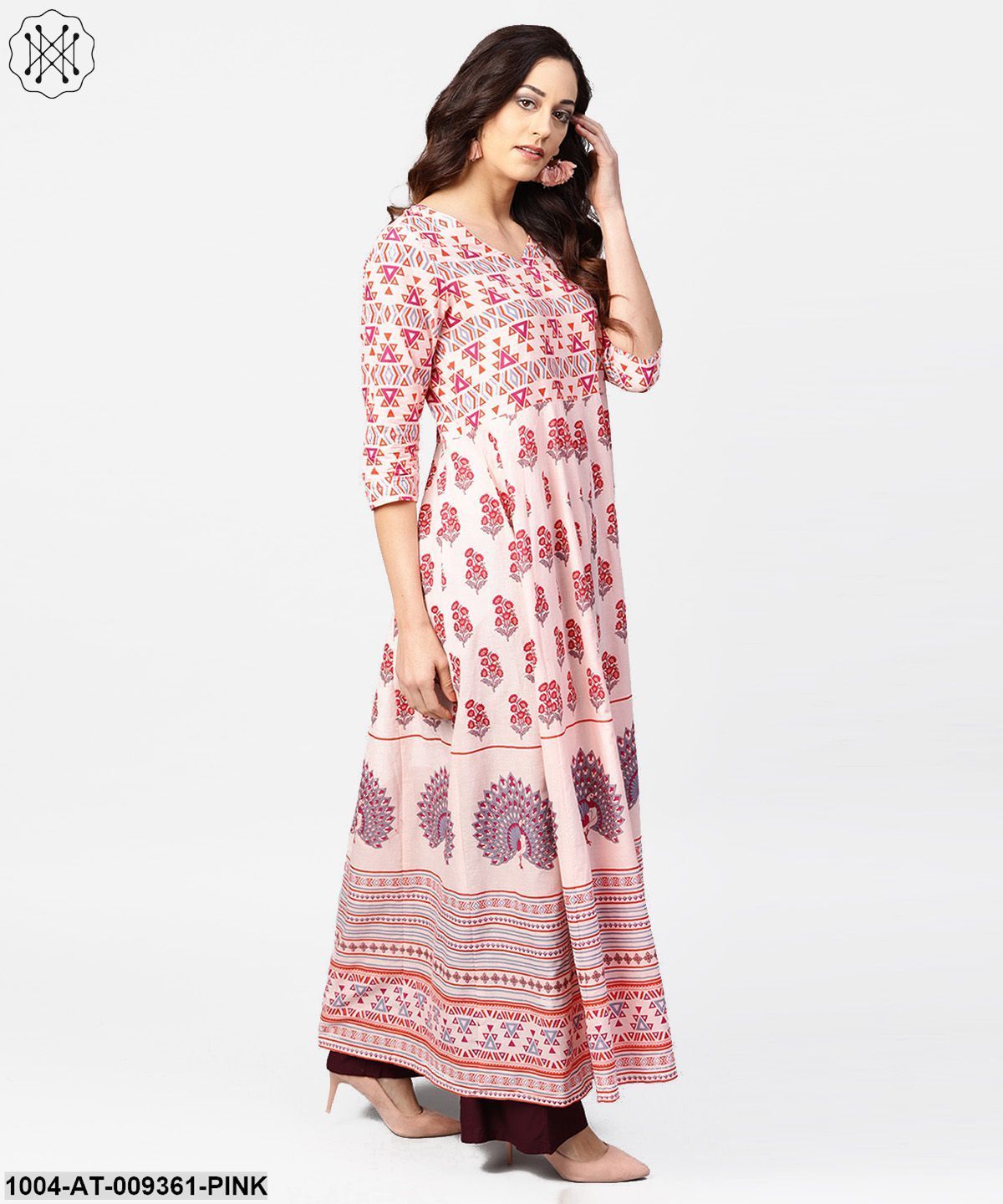 Baby Pink Printed 3/4Th Sleeve Cotton Floor Length Kurta