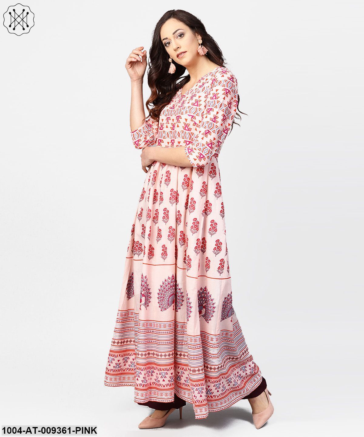 Baby Pink Printed 3/4Th Sleeve Cotton Floor Length Kurta