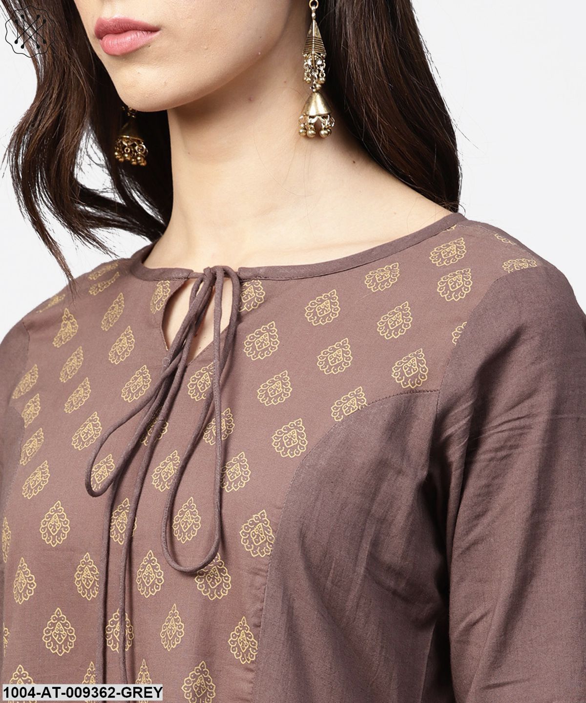 Grey Printed 3/4Th Sleeve A-Line Cotton Kurta With Dori Work At Yoke