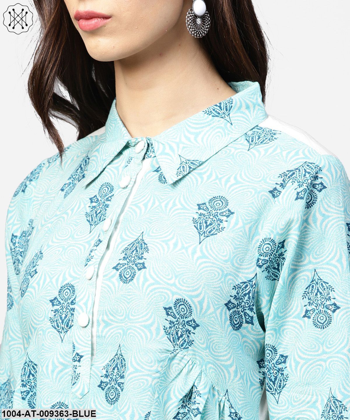 Blue Printed 3/4Th Sleeve Cotton Anarkali Kurta