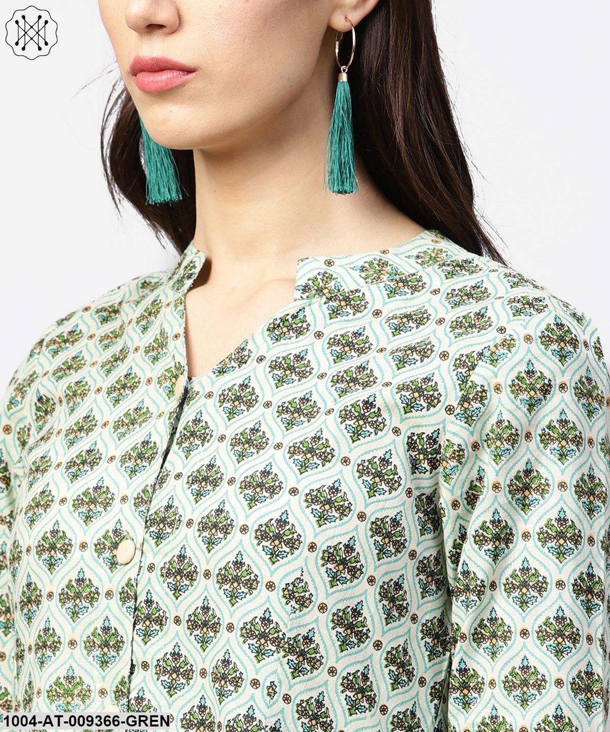 Green Printed 3/4Th Sleeve Cotton Tiered Anarkali Kurta