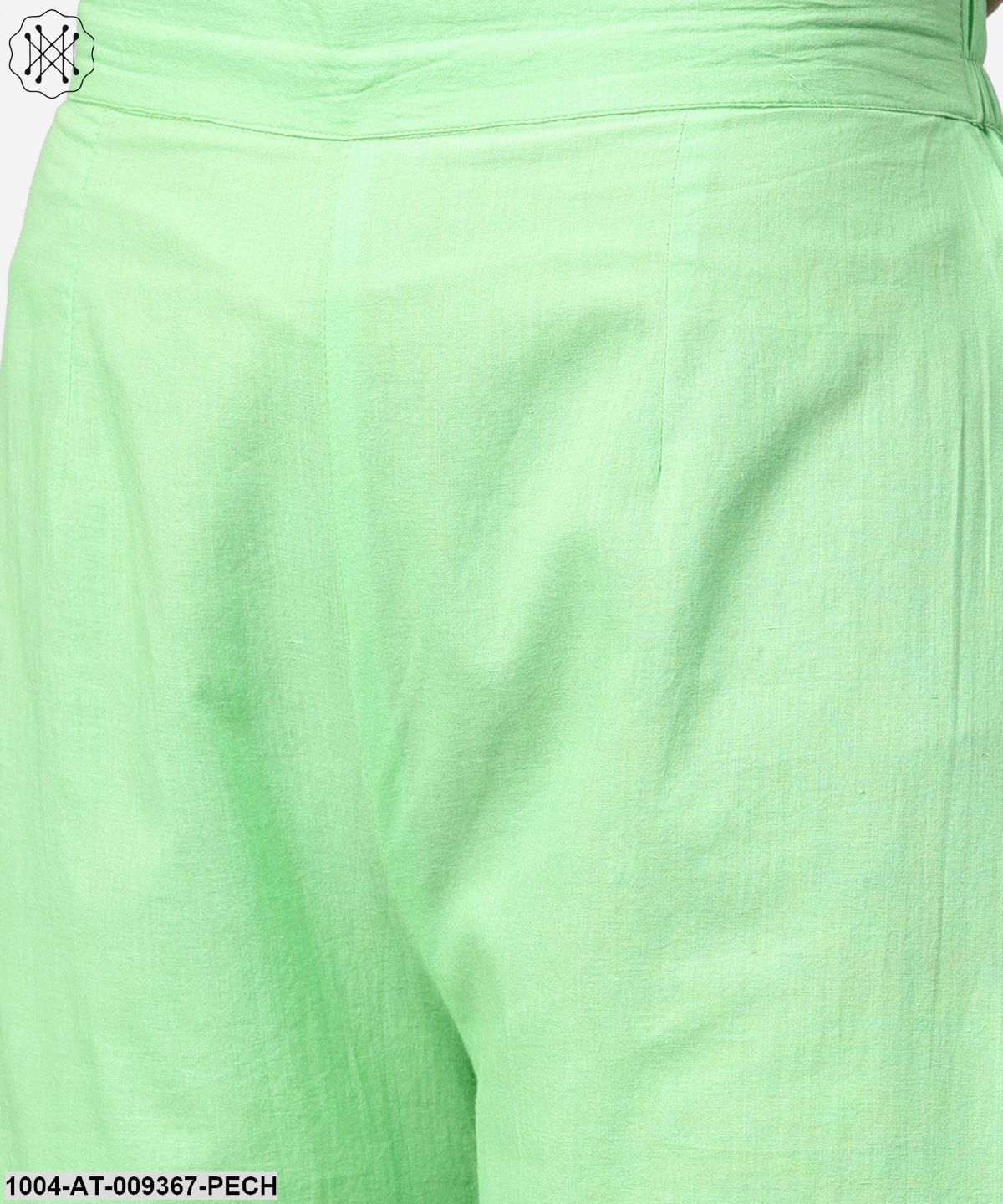 Peach 3/4Th Sleeve Cotton Printed Kurta Green Flared Pallazo