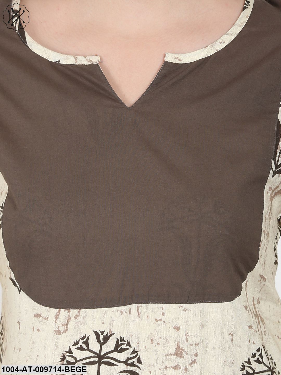 Beige Printed 3/4Th Sleeve Cotton Kurta